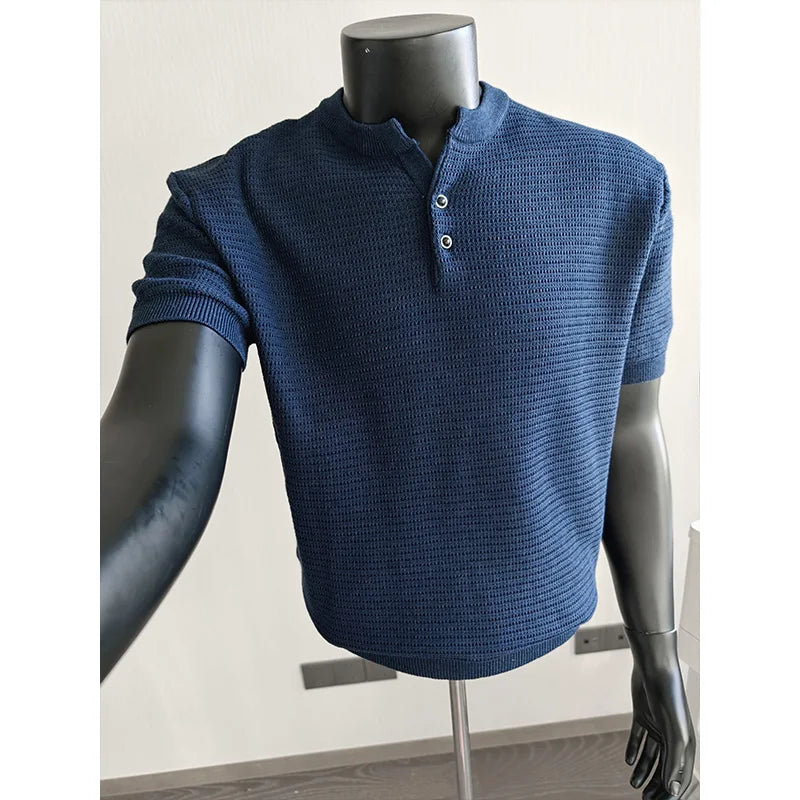 Men's Textured Short-Sleeve Knit Henley. Textured knit.