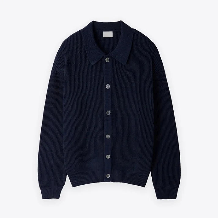 Men's Ribbed Shirt-Collar Cardigan. Pointed collar and button-through front.