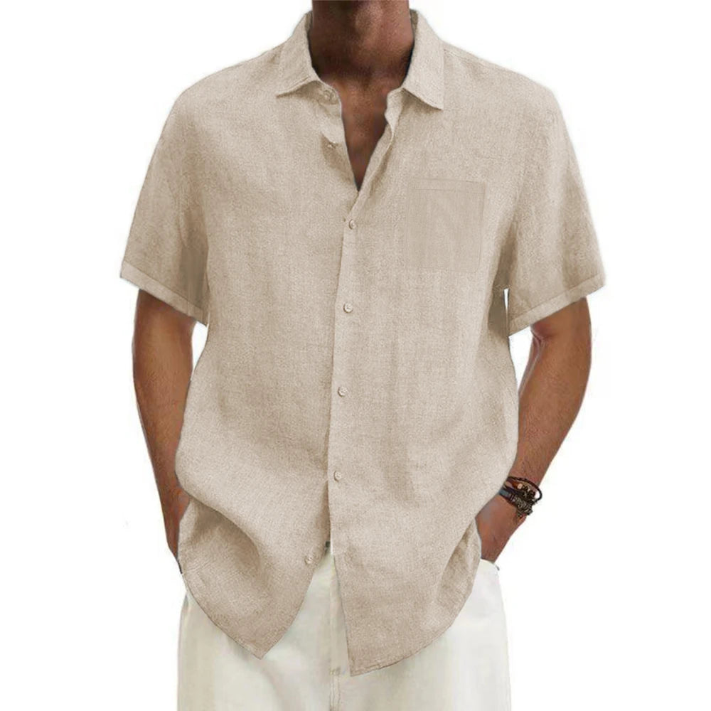 Men's Relaxed Short-Sleeve Cotton-Linen Shirt. Cotton-linen blend.