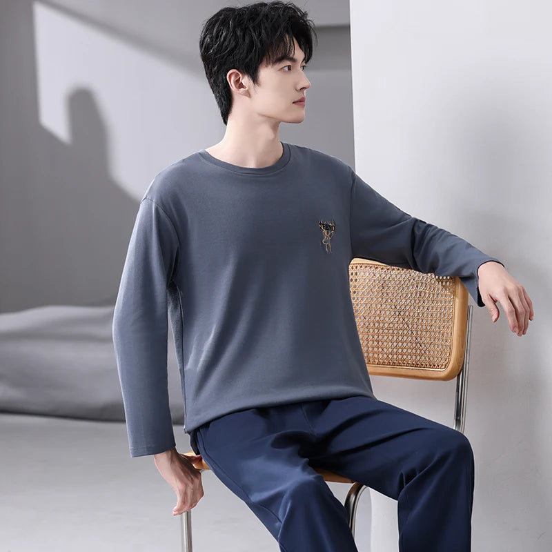 Men's Relaxed Cotton Crew-Neck Lounge Set. Cotton fabric.