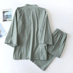 Men's Piped Cotton Kimono Lounge Set. Crinkled cotton fabric.