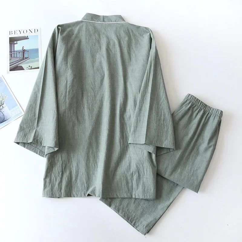 Men's Piped Cotton Kimono Lounge Set. Crinkled cotton fabric.