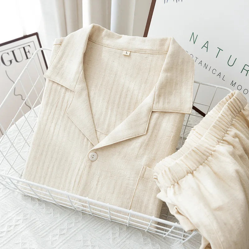 Men's Cream Gauze Cotton Long Pyjamas. Cotton gauze.