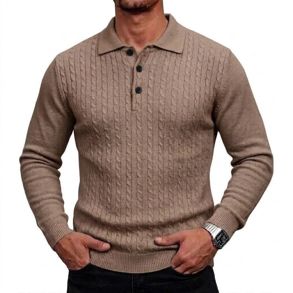 Men's Cable-Knit Long-Sleeve Polo. Cable-knit detailing.
