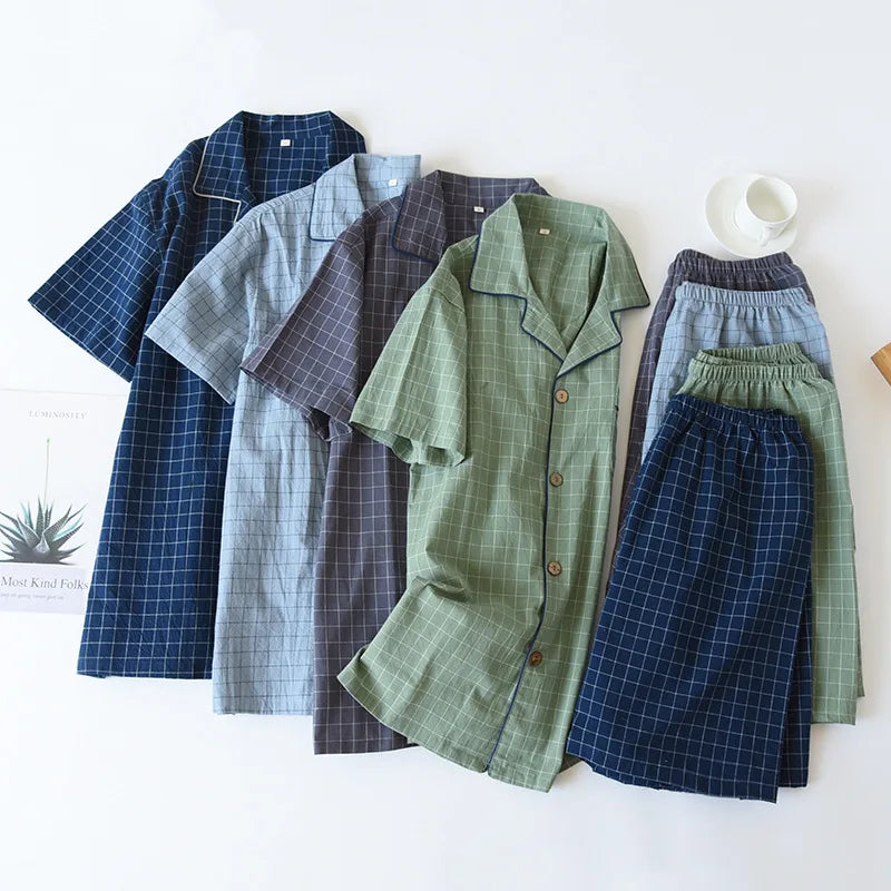 Men's Fine-Check Cotton Short Pyjamas. Cotton fabric.