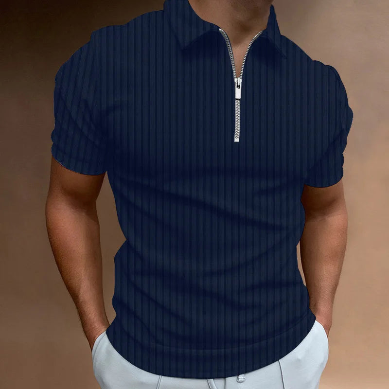 Men's Ribbed Short-Sleeve Zip-Neck Polo. Vertical rib texture.