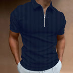 Men's Ribbed Short-Sleeve Zip-Neck Polo. Vertical rib texture.