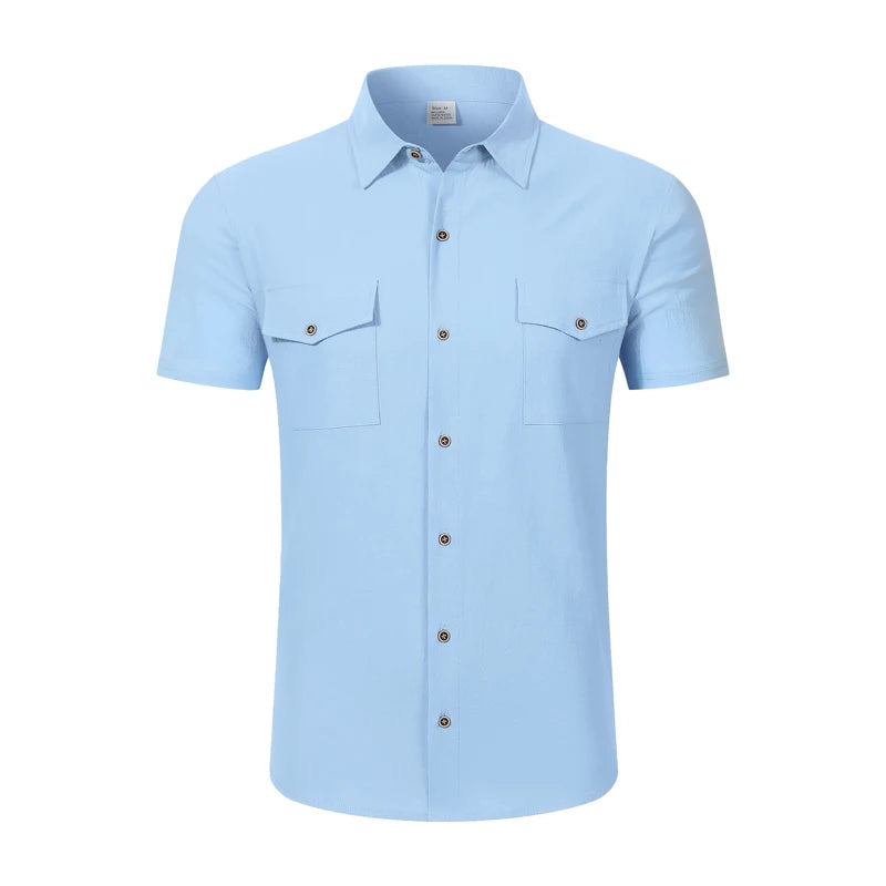 Men's Linen-Blend Twin-Pocket Summer Shirt. Linen and polyester blend.