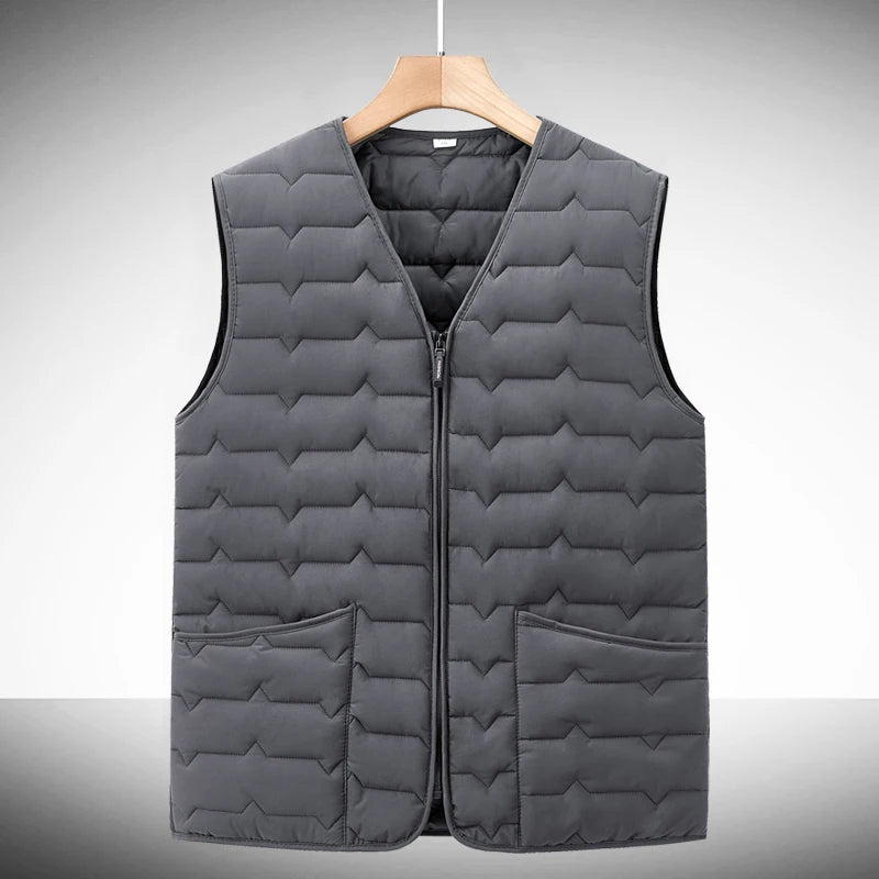 Men's Wave-Quilted Collarless Gilet. Wave quilt pattern.
