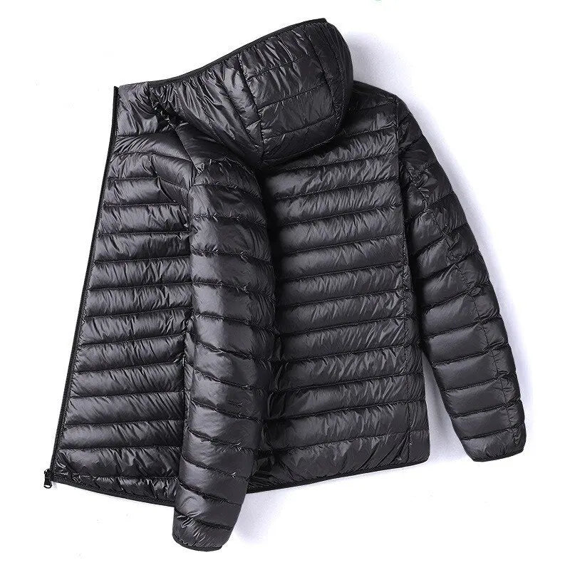 Men's Lightweight Narrow-Quilted Hooded Puffer. Narrow horizontal quilting.
