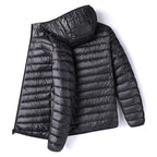 Men's Lightweight Narrow-Quilted Hooded Puffer. Narrow horizontal quilting.