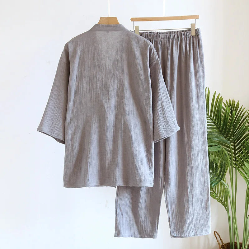 Men's Textured Cotton Kimono & Trouser Set. Textured cotton fabric.
