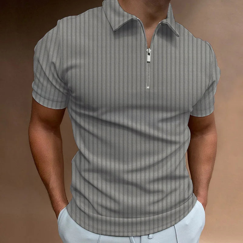 Men's Ribbed Short-Sleeve Zip-Neck Polo. Vertical rib texture.