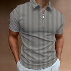 Men's Ribbed Short-Sleeve Zip-Neck Polo. Vertical rib texture.