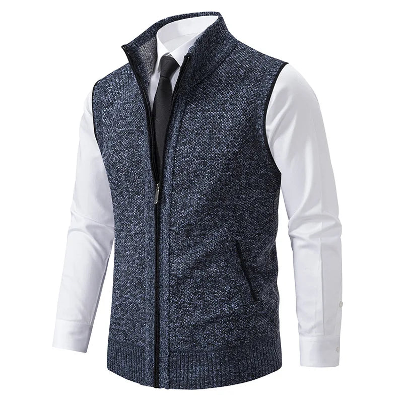 Men's Zip-Through Knit Vest. Sleeveless knitted design.