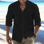 Men's Cotton-Linen Grandad-Collar Shirt. Cotton-linen blend.