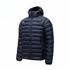 Men's Horizontal-Quilted Hooded Puffer Jacket. Hooded shape.