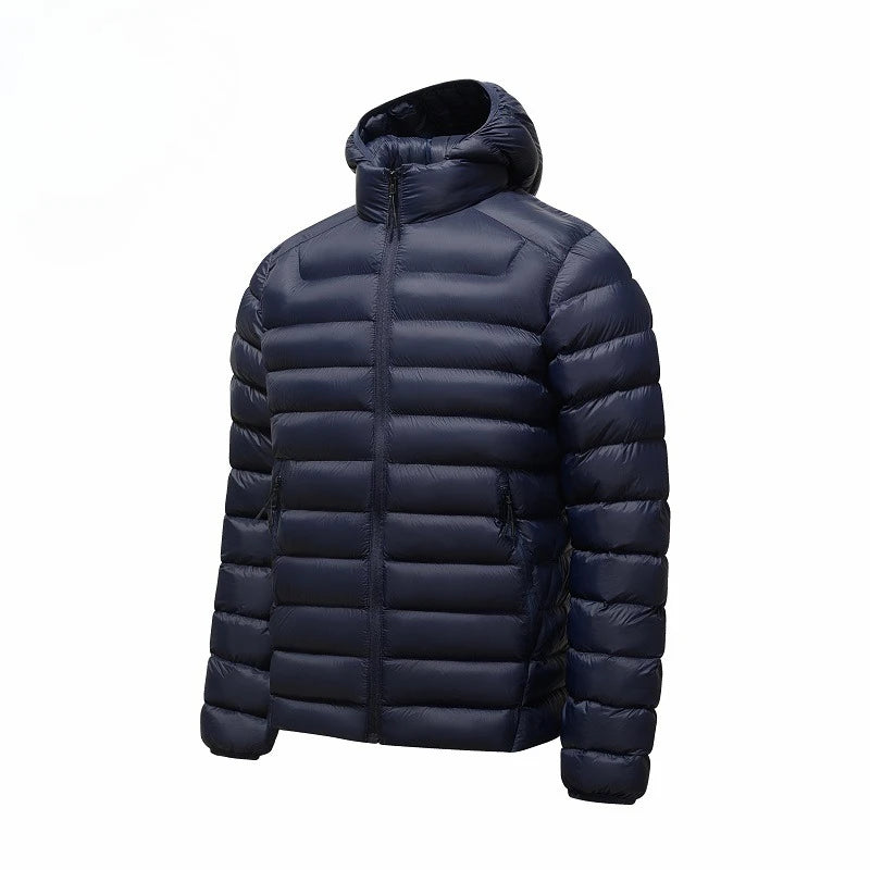 Men's Horizontal-Quilted Hooded Puffer Jacket. Hooded shape.