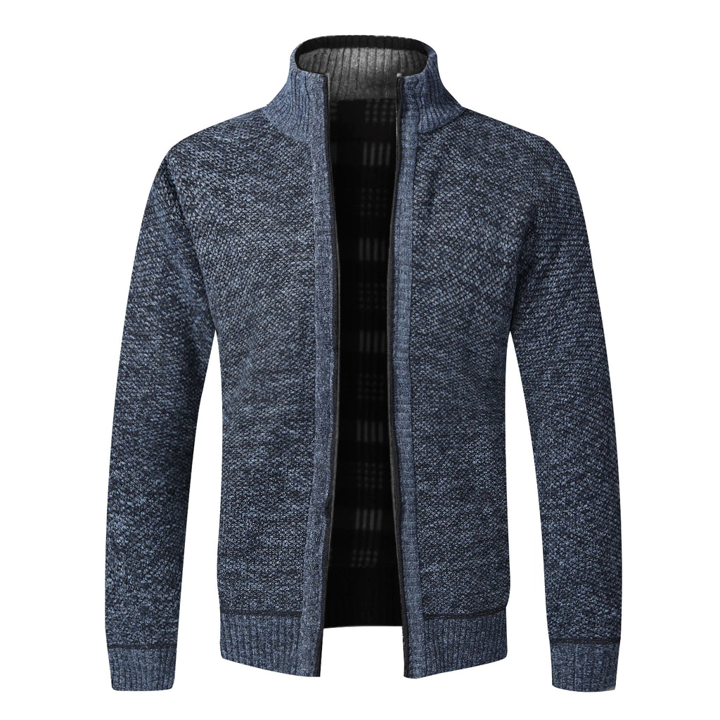 Men's Fleece-Lined Collared Knit Cardigan. Knitted exterior with fleece lining.