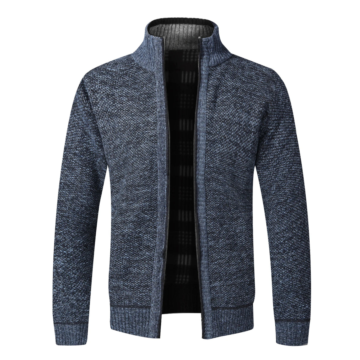 Men's Fleece-Lined Collared Knit Cardigan. Knitted exterior with fleece lining.
