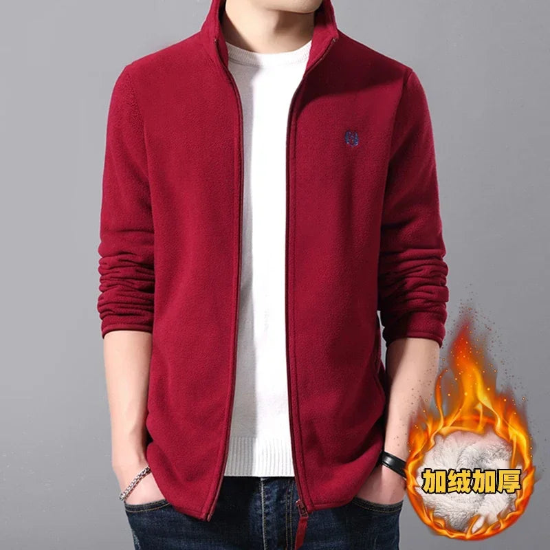 Men's Stand-Collar Zip Jacket With Chest Emblem. Stand collar.