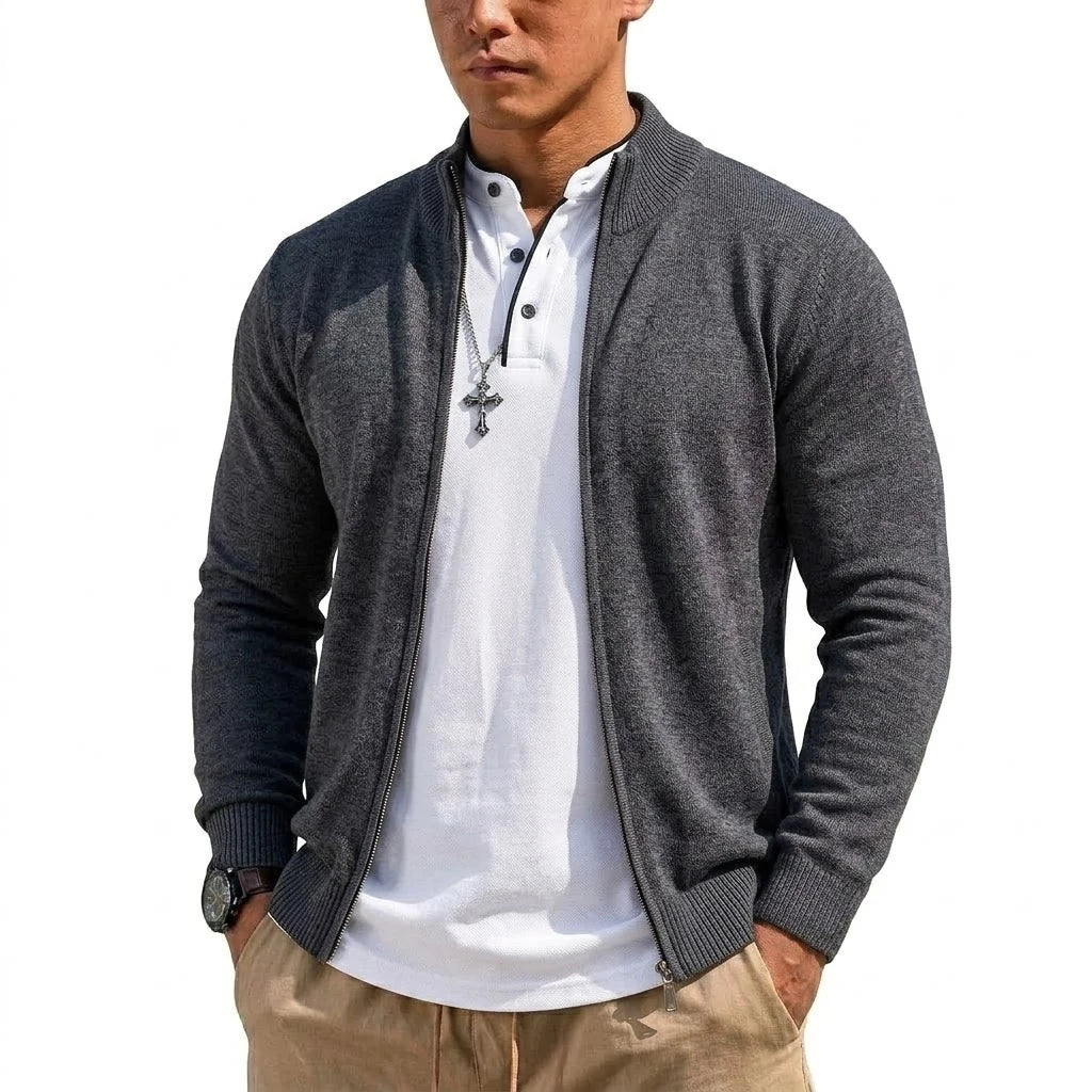Men's Stand-Collar Zip-Through Cardigan. Full-length zip fastening.