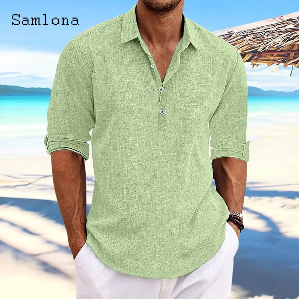 Men's Long-Sleeve Cotton-Linen Popover Shirt. Cotton-linen blend.