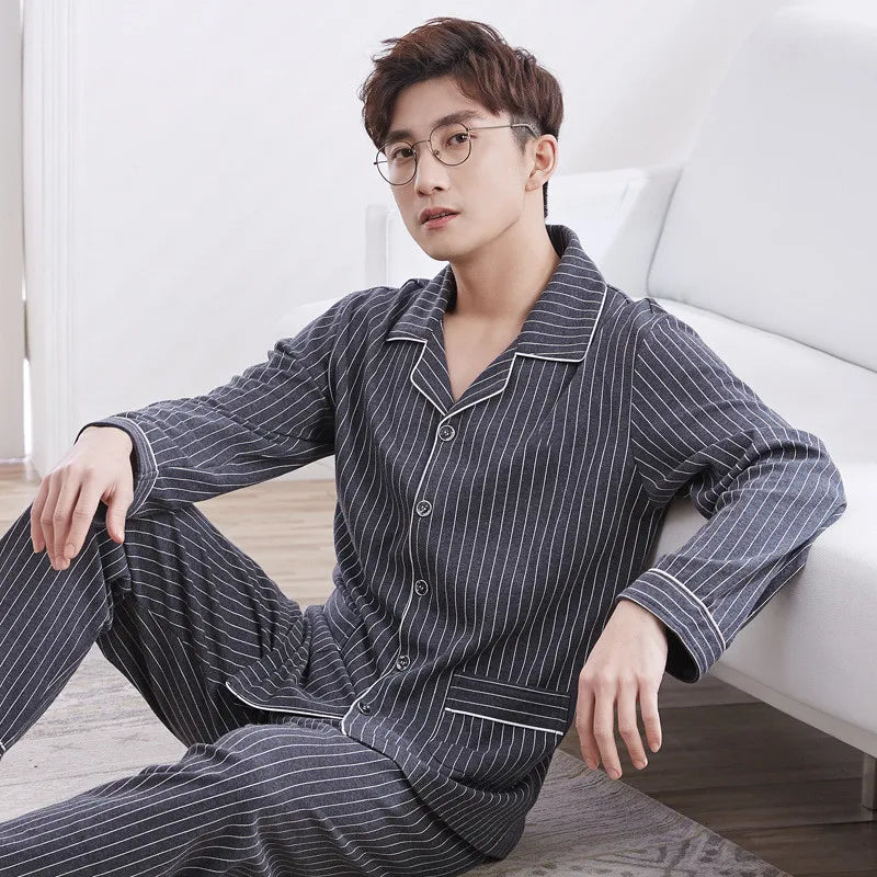 Men's Piped Long-Sleeve Lounge Pyjamas. Polyester fabric.
