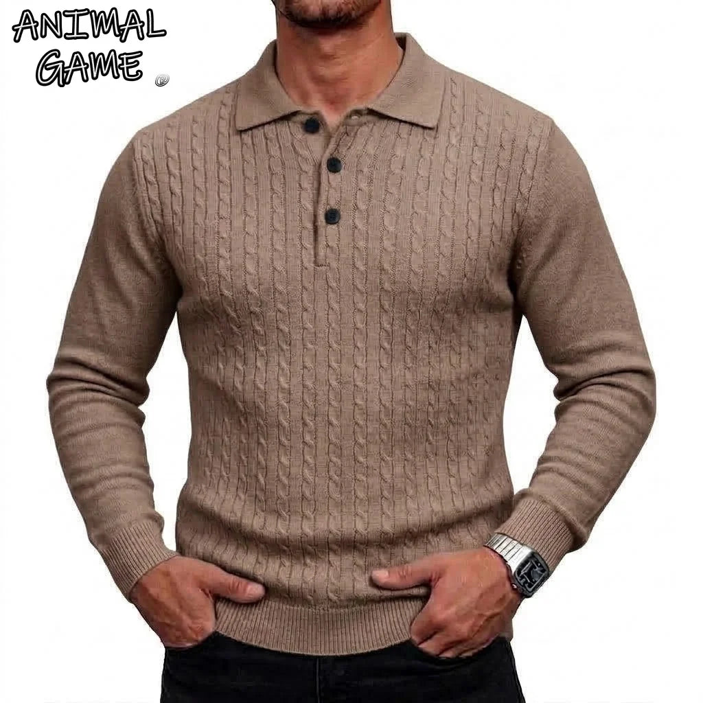 Men's Cable-Knit Long-Sleeve Polo. Cable-knit detailing.