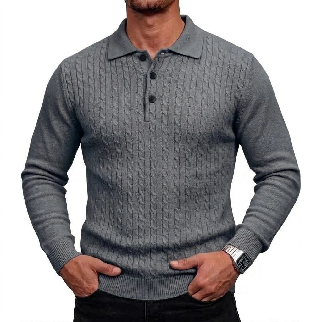 Men's Cable-Knit Long-Sleeve Polo. Cable-knit detailing.