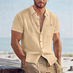 Men's Linen-Blend Short-Sleeve Pocket Shirt. Pointed collar and button front.