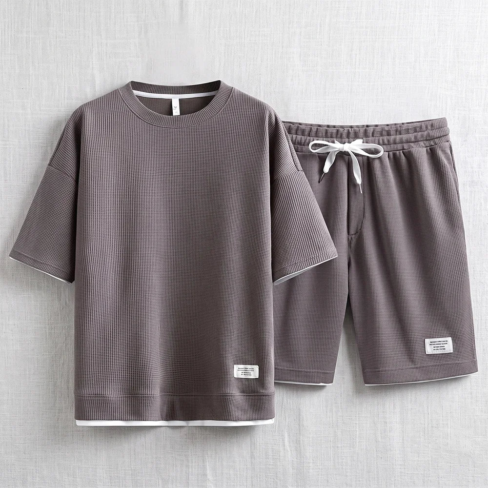 Men's Waffle T-Shirt & Lounge Shorts Set. Matching tee and shorts.