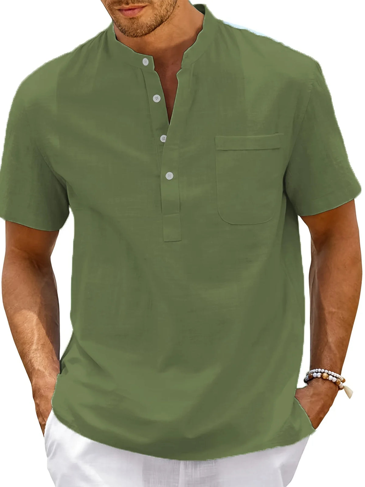 Men's Linen-Look Stand-Collar Pocket Top. Short stand collar.