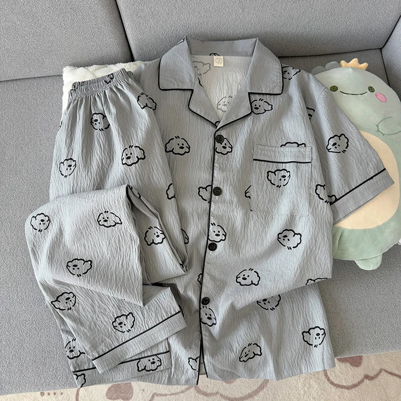 Men's Short-Sleeve Pyjama Shirt & Trouser Set. Short-sleeve button-front shirt.