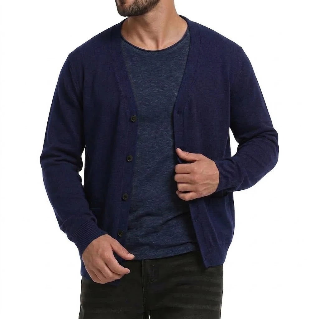 Men's Lightweight Button-Front Cardigan. Plain knitted finish.