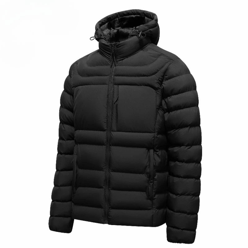 Men's Horizontal-Quilted Hooded Puffer Jacket. Hooded shape.