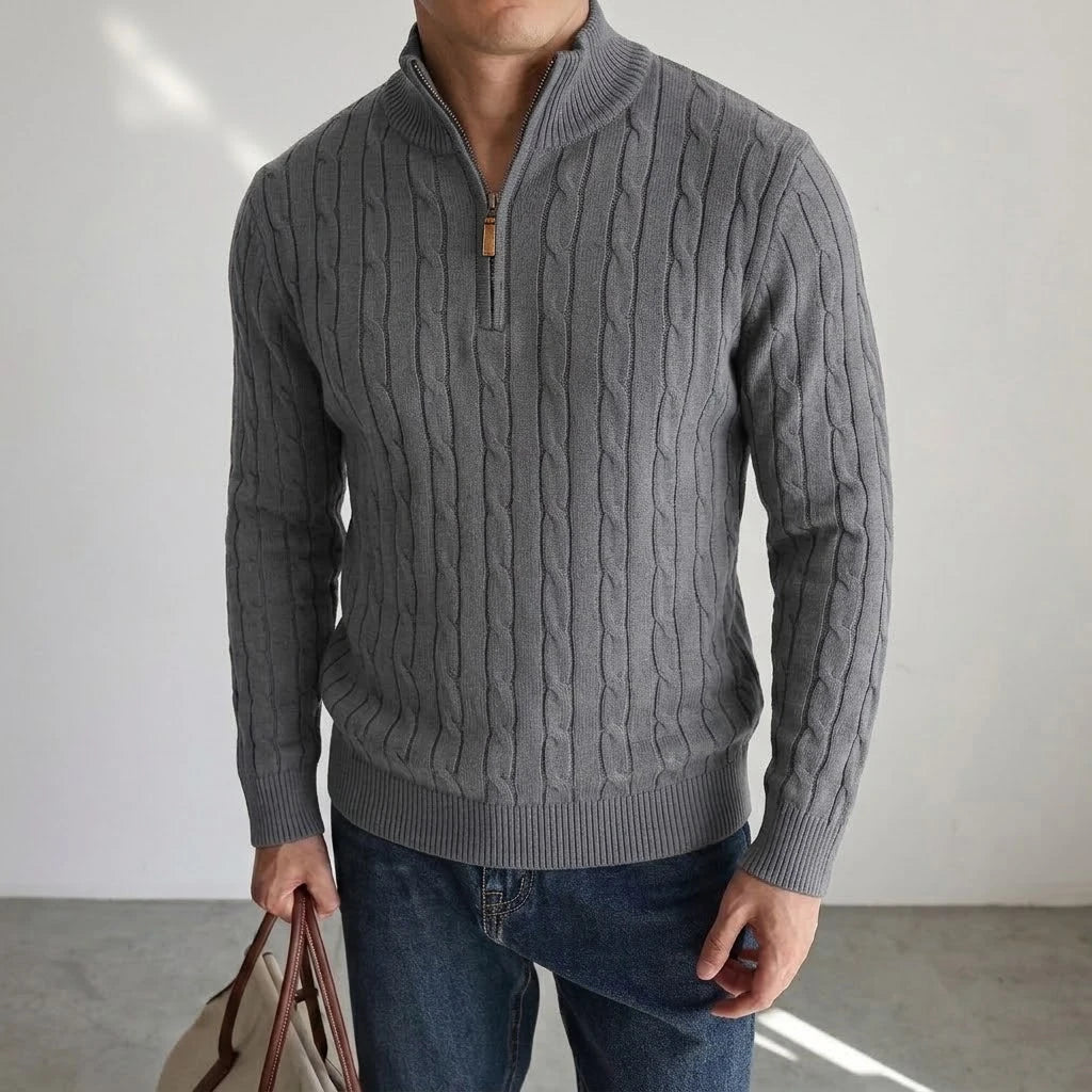 Men's Cable-Knit Quarter-Zip Jumper. Cable-knit texture.