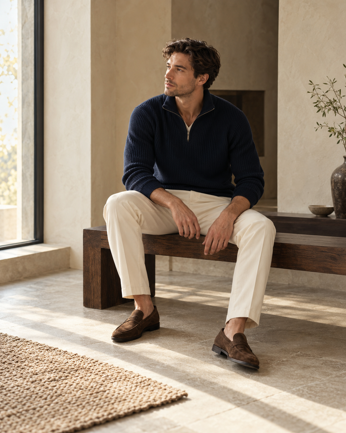 Man wearing navy knitwear and ivory trousers in a softly lit interior