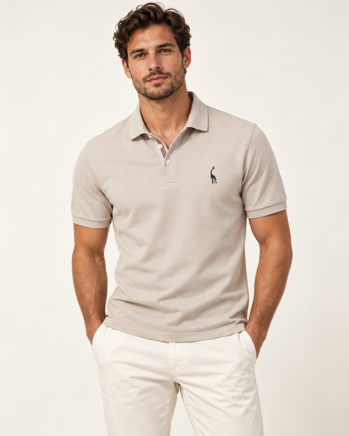 Classic embroidered polo in Stone — model view