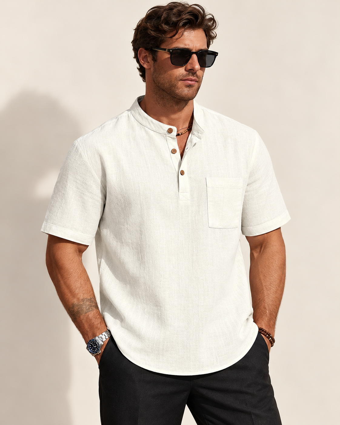 Lightweight pocket Henley in White — model view