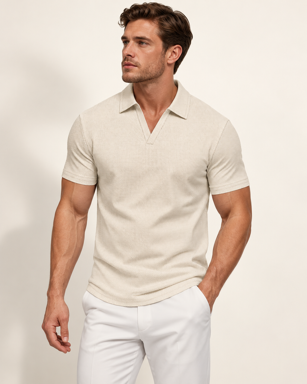Waffle open-collar polo in Stone — model view