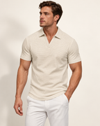Waffle open-collar polo in Stone — model view