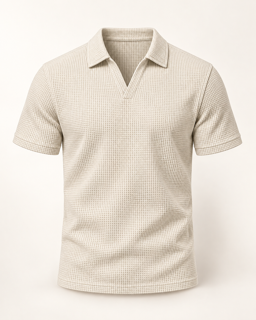 Waffle open-collar polo in Stone — studio view
