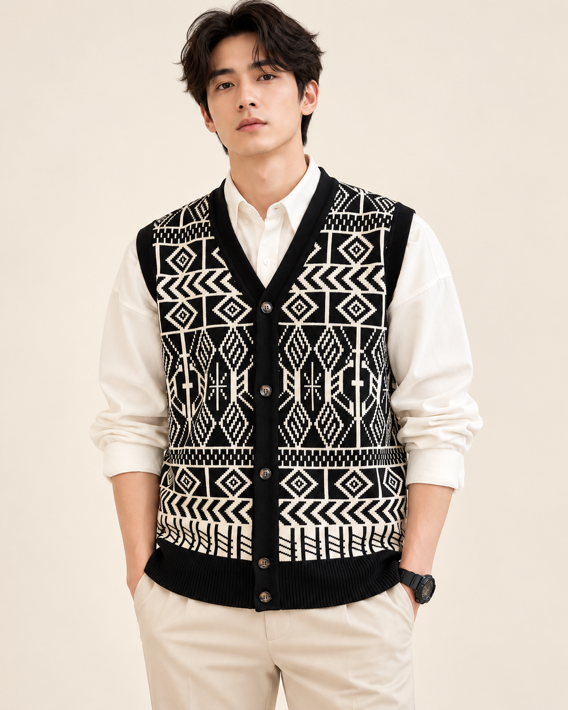Geometric knit vest in Black & cream geometric — model view