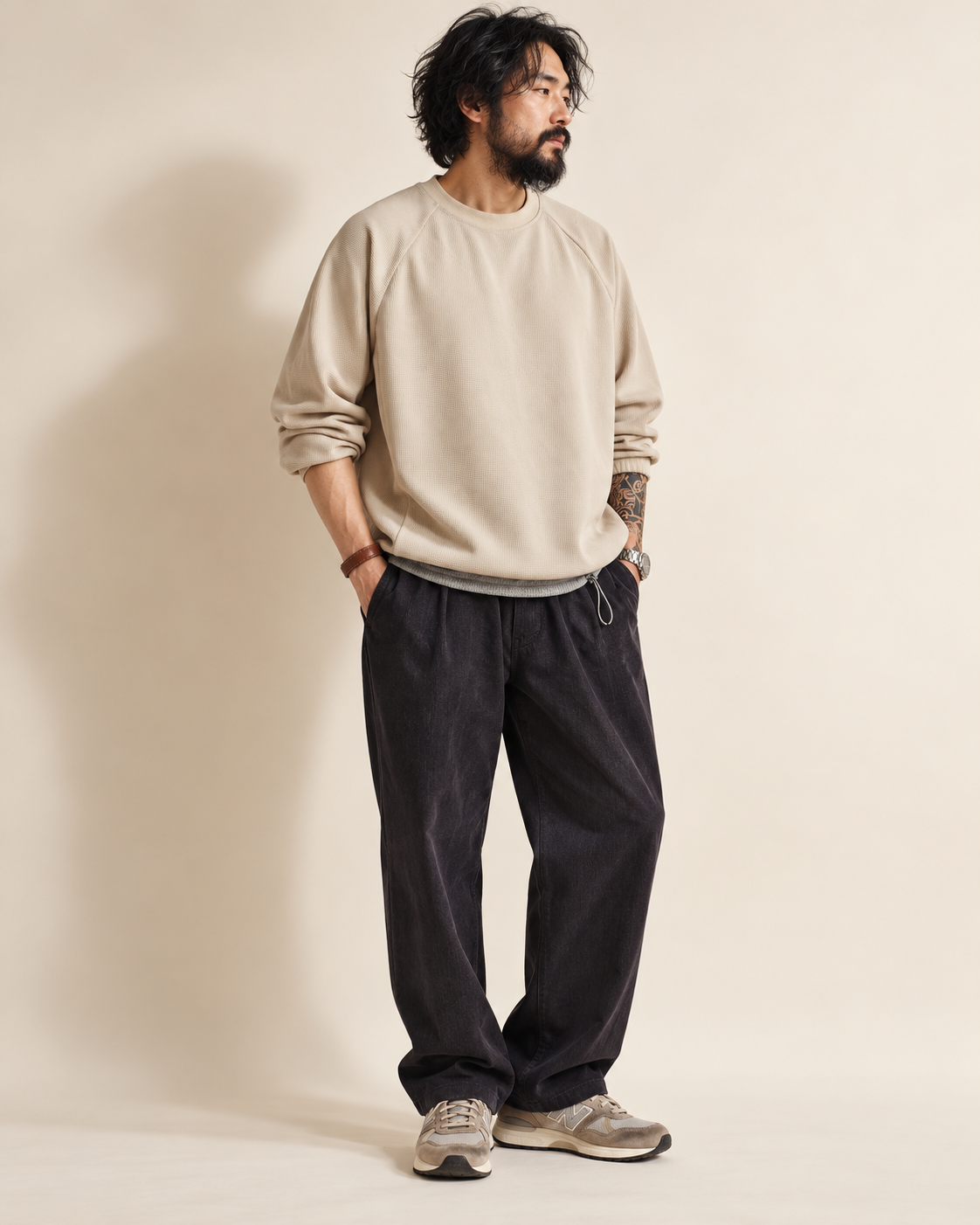 Waffle drawcord sweatshirt in Beige — model view