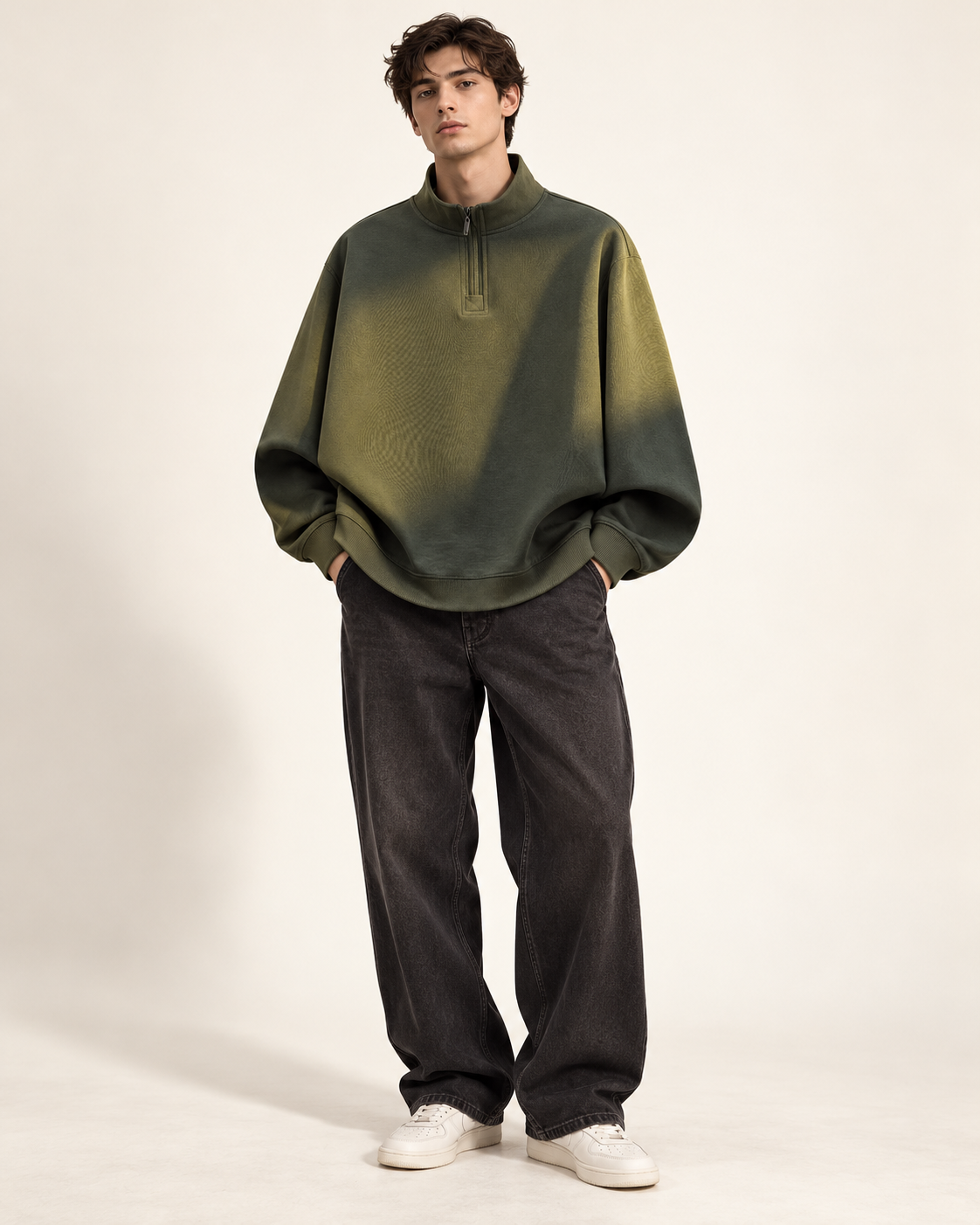 Washed half-zip pullover in Olive wash — model view