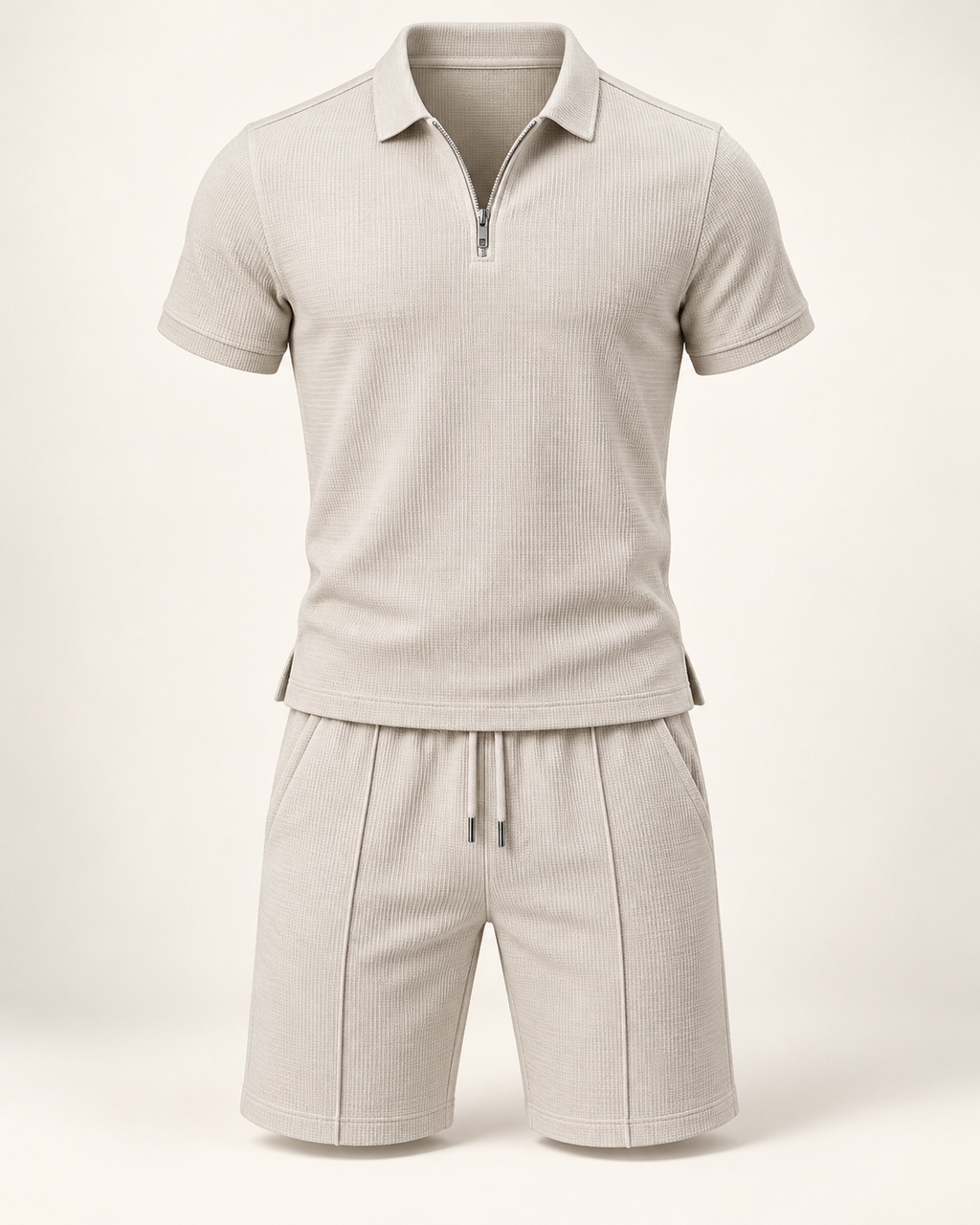 Waffle polo & shorts set in Stone — studio view