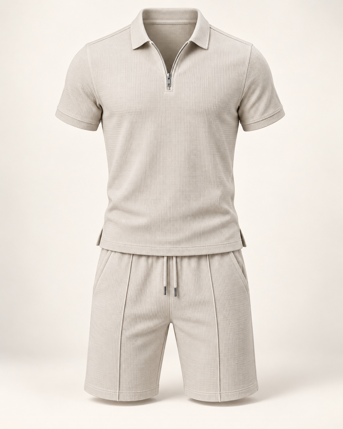 Waffle polo & shorts set in Stone — studio view