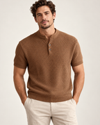 Camel textured knit Henley on model