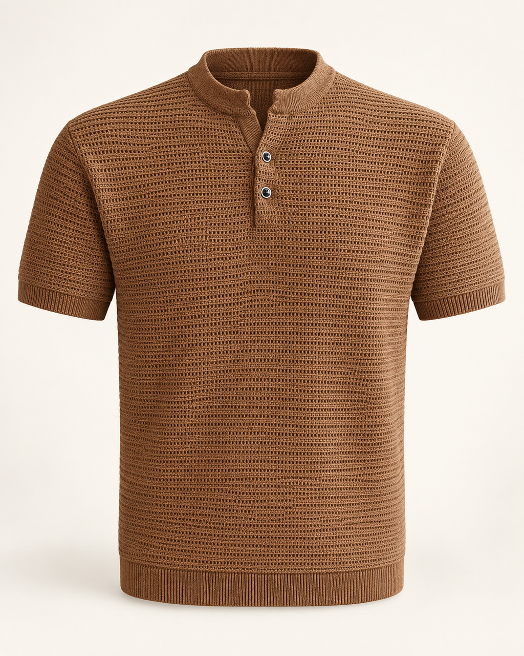 Textured knit Henley in Camel — studio view